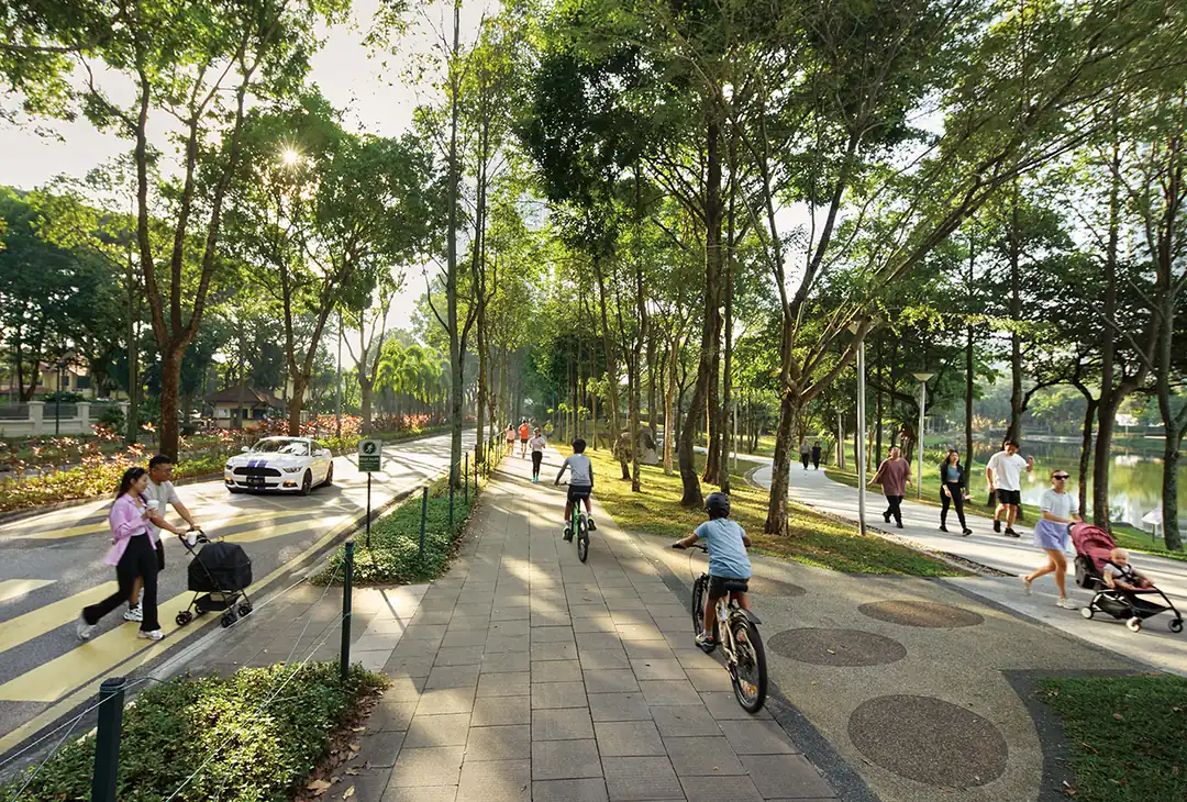Tree-lined linear park and walkways at Zenia