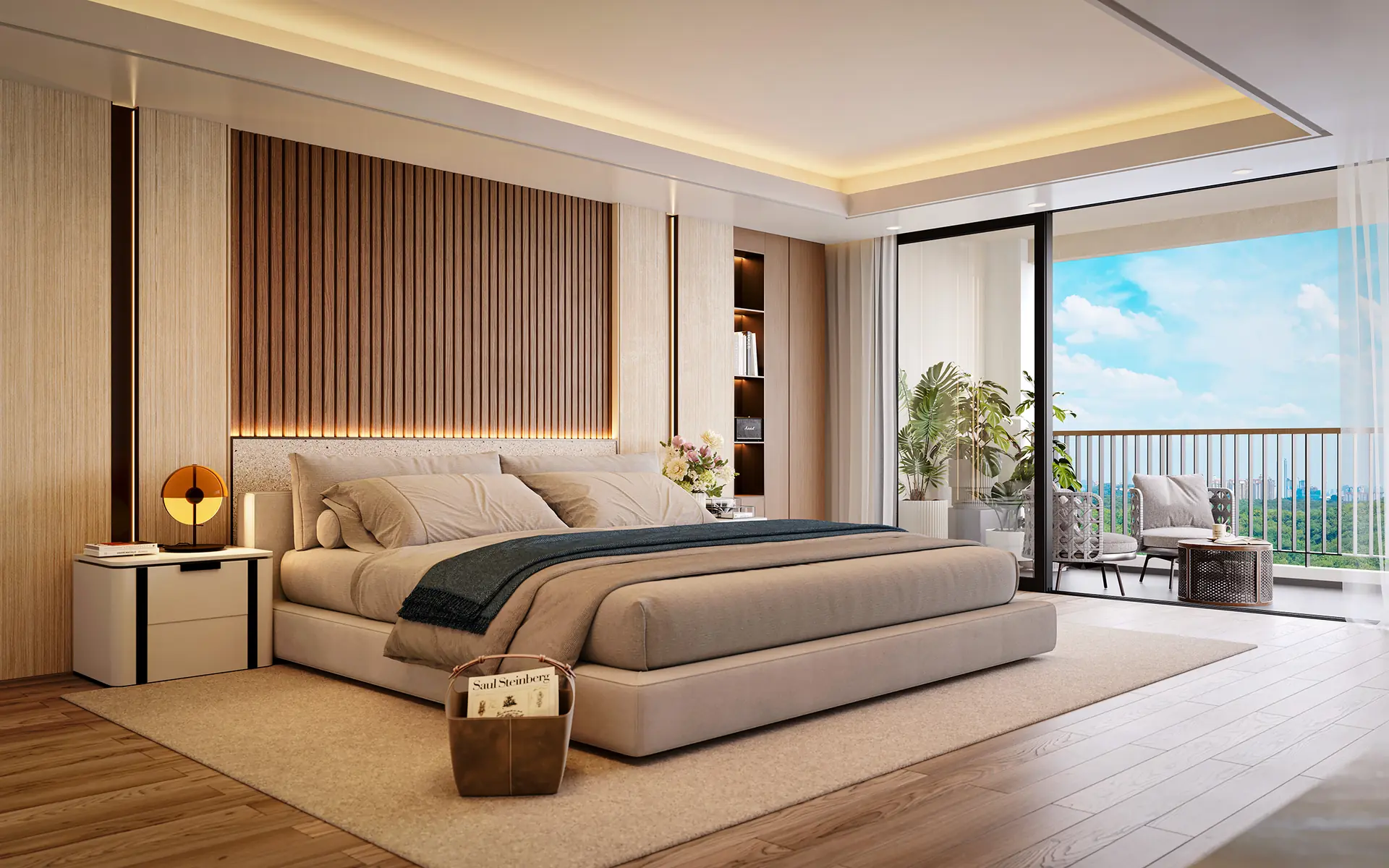 Zenia master bedroom opening to a private balcony