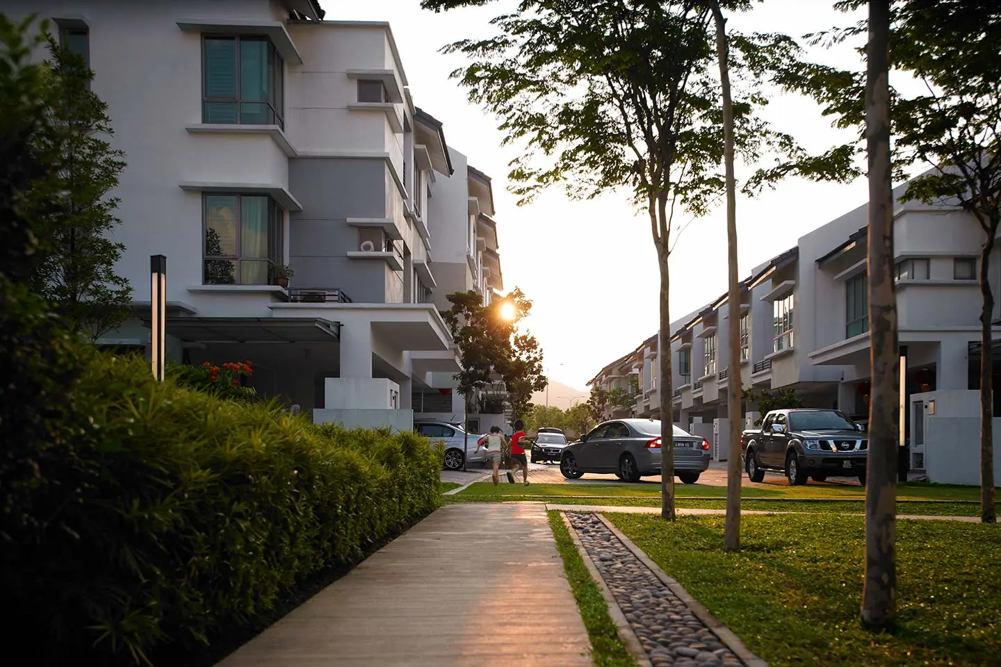 ParkCity tree-lined residential street at golden hour